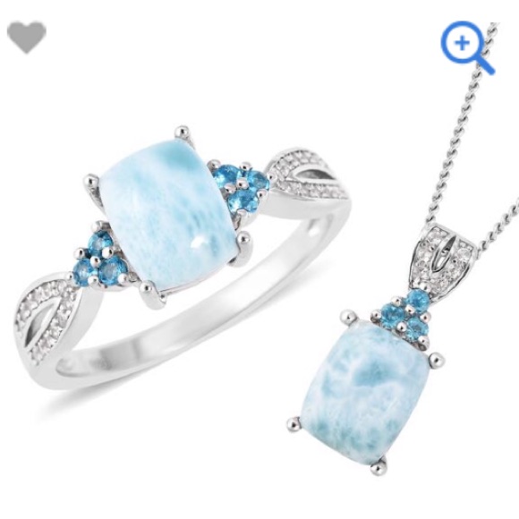 Nwt Larimar Gemstone Jewelry Ring & Necklace Set